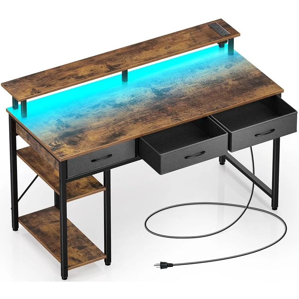 

Компьютерный стол с розетками и светодиодной подсветкой, 55-дюймовый стол для домашнего офиса с 3 ящиками и полками для хранения, письменный стол с Mo