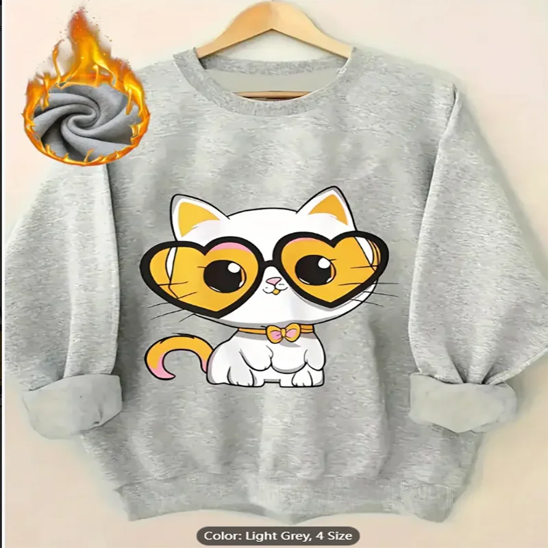 

Женская светло-серая толстовка с милым котом и сердечками, очки с графическим принтом на флисовой подкладке, повседневный пуловер большого размера, топ из чистого хлопка