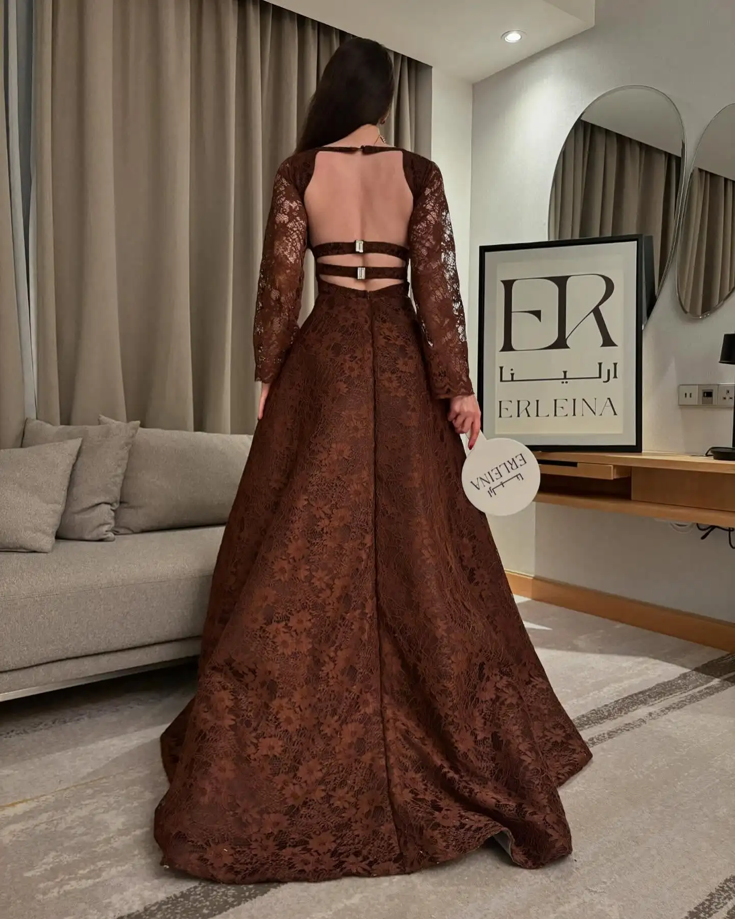 Mila marron foncé profond V robes de bal dentelle manches longues jupe évasée personnalisé formel soirée robe élégante vestidos de gala 2025