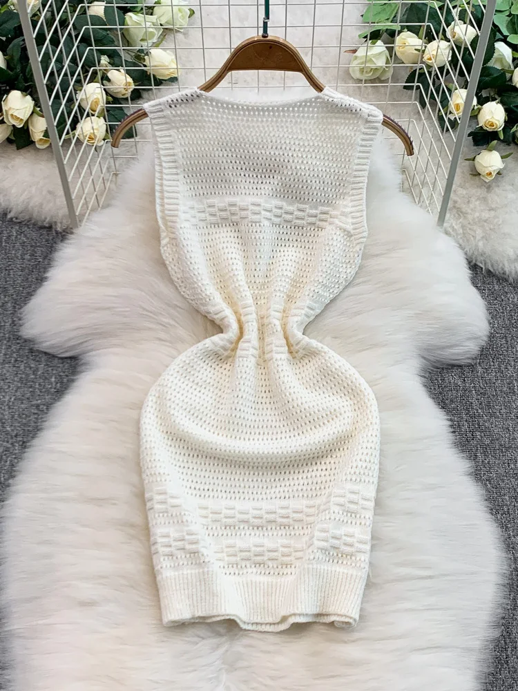 Summer 2025 Women's Knitted Hollow out Svel V-Ne Dr Slimming High Waist ort Skirt Comfortable Commute Sle Faion