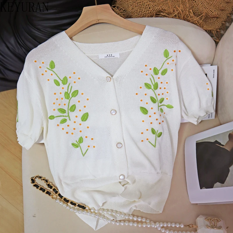 

2025 Summer Embroidery Floral Knitted Cropped Cardigan Women V-neck Single Breasted Short Sleeve Sweater Ladies Knitwear Tops