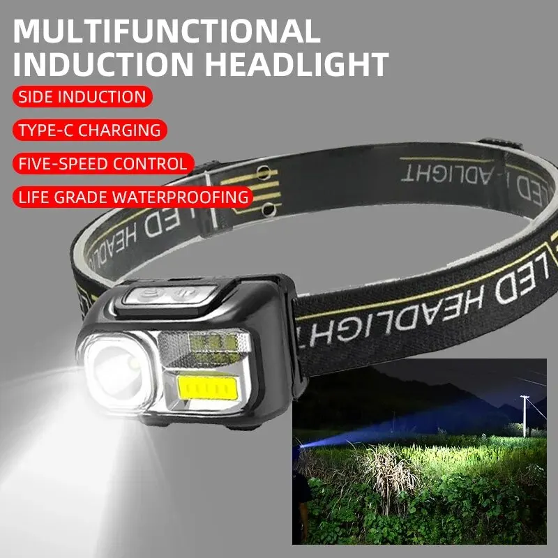 LED Strong Light Long-distance Sensing USB Charging Portable Head Mounted Light Outdoor Night Running Light Night Fishing Light