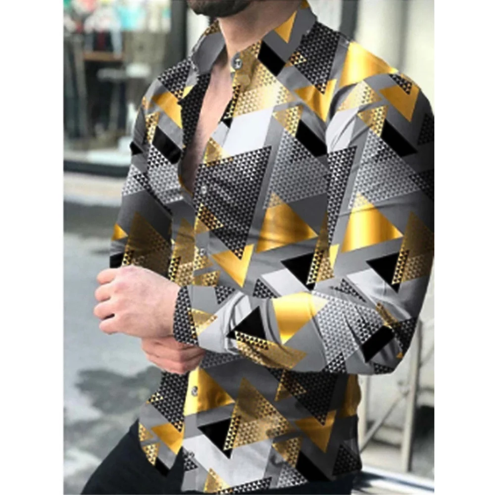 Spring 3d Printed Checkered Pattern Floral Shirts Men Long-sleeved Shirt Lapel With Button Y2k Shirts Fashion Casual Slim Clothe