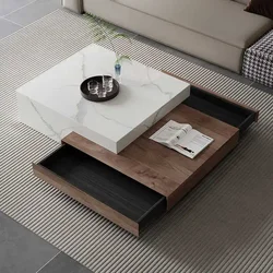 Slate coffee table square marble pattern coffee table living room household small apartment telescopic belt drawer model