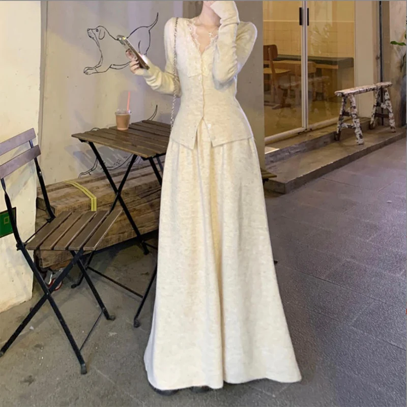 Корейский кружевной вязаный топ с длинными рукавами, кардиган, повседневный осенний модный французский элегантный топ, юбки, костюм из двух предметов, женская одежда