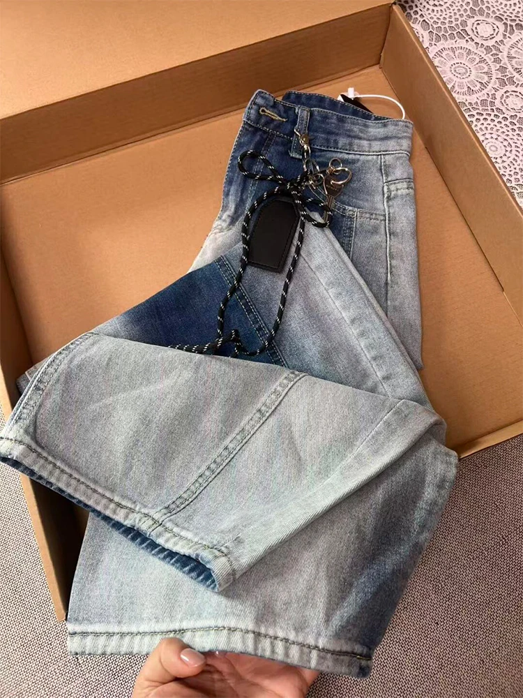 กางเกงยีนส์สีตัดกันสไตล์อเมริกันสำหรับผู้หญิง เอวสูง ทรงหลวม ลุควินเทจ แฟชั่นสตรีท กางเกงขายาวทรงกว้าง