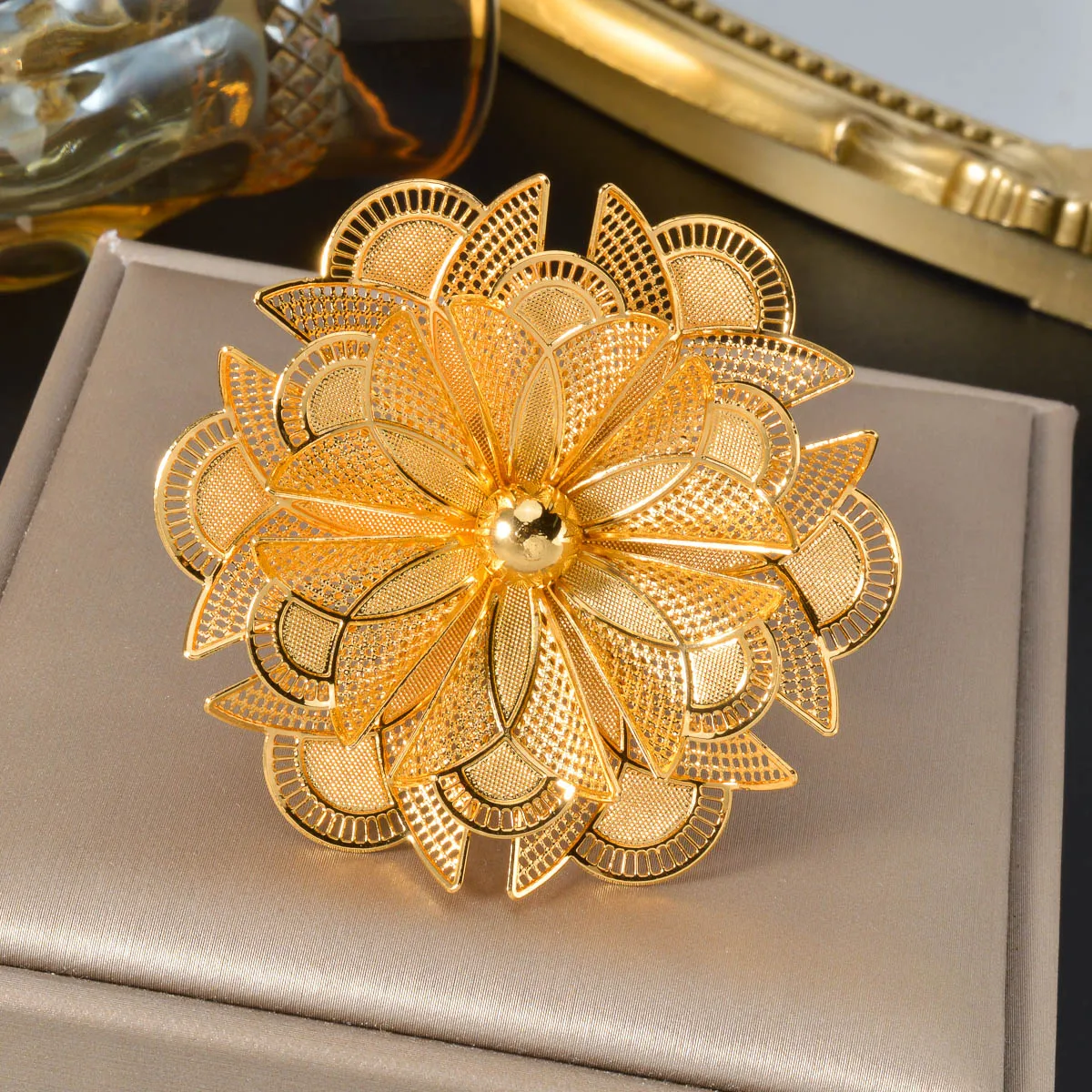 African Big Flower Ring Gold Plated Bold Nigerian Tribal Jewelry with Dubai Craftsmanship Bridal Anniversary Gift for Her