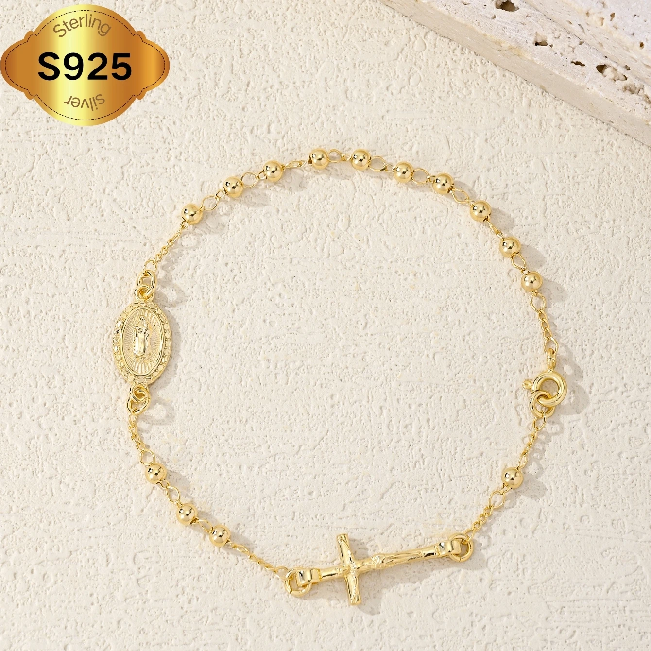 925 Sterling Silver Hypoallergenic Virgin Mary Cross Jesus Rosary Bracelet, Religious Fashion Jewelry for Men and Women