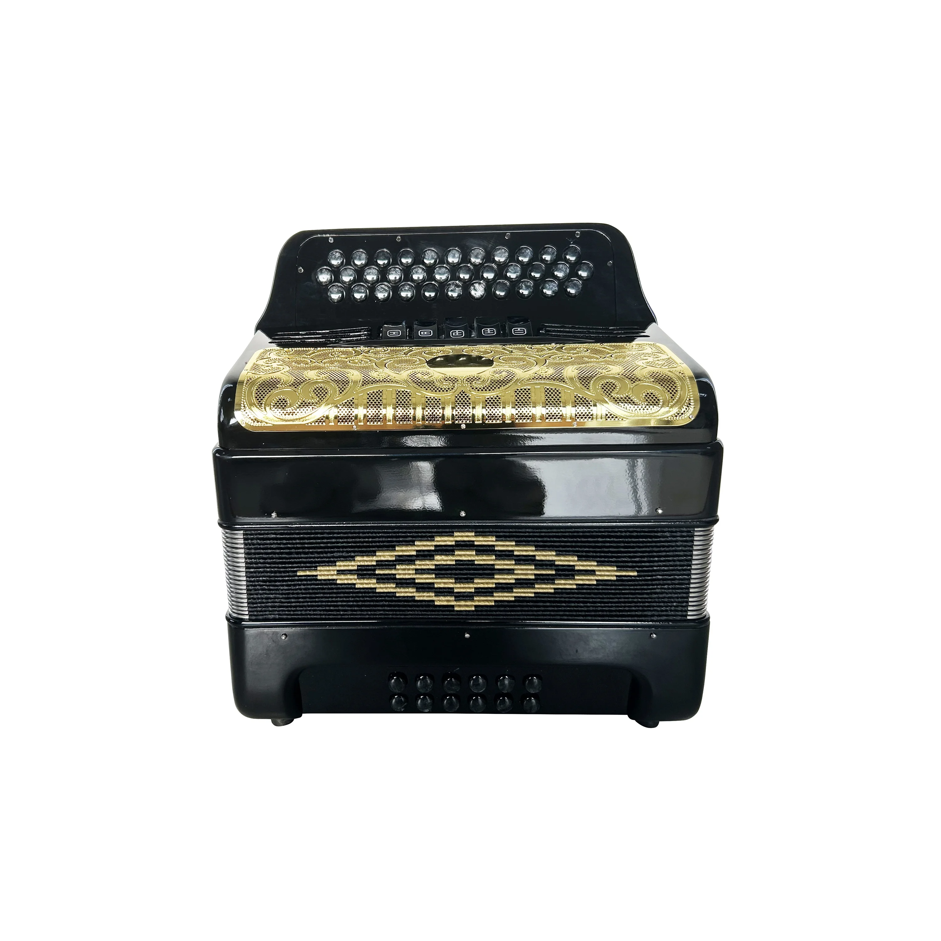 

Hot Selling Bright Black 34 Button 12 Bass 5 Registers Gold Grill Black Buttons Accordion Instrument Acordeon JB3412D