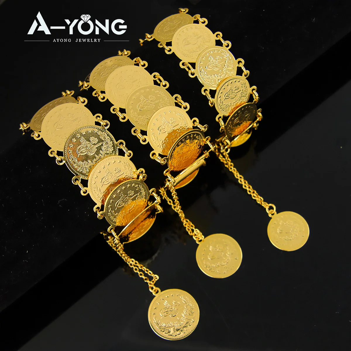 

Nigeria Wedding Jewelry Bracelet 21k Gold Platd Kurdish Vintage Coins Cuff Bangles Arabic Muslim Women Daily Party Jewelrys