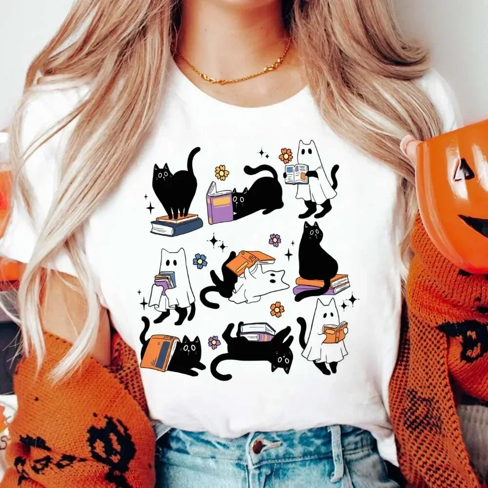 

Printed Pattern Retro Ghost Cat Halloween Bookish T-Shirt New Shirt Top T-Shirt Women's O-Neck Casual Summer T-Shirt