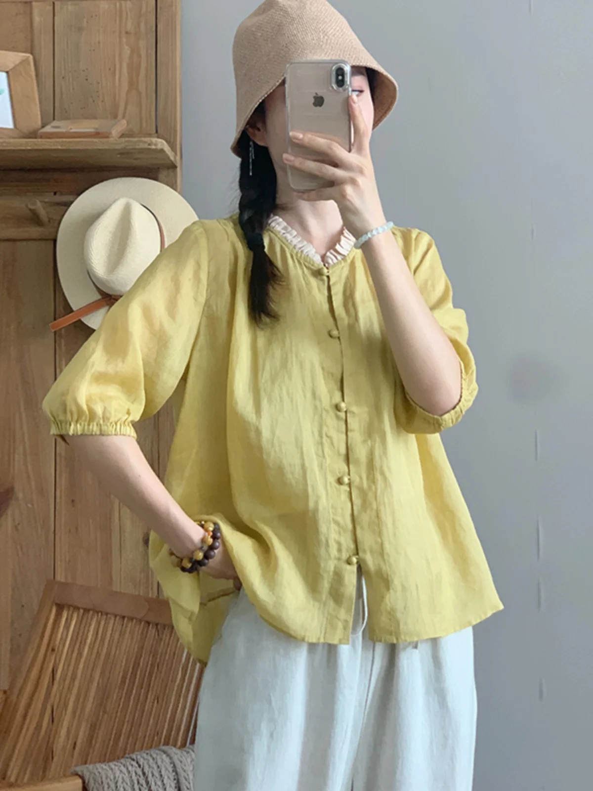 

Casual Cotton Linen ort Sve irt Women Summer Lace Collar Slimming Top Ele irt Commute Sle Bubble Sve Pure C...