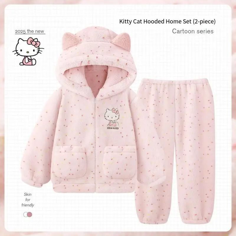 

Sanrios пижамы для девочек Hello Kittys, милые брюки с длинными рукавами, теплая домашняя одежда, костюм, милый повседневный свободный мягкий принт, хит продаж