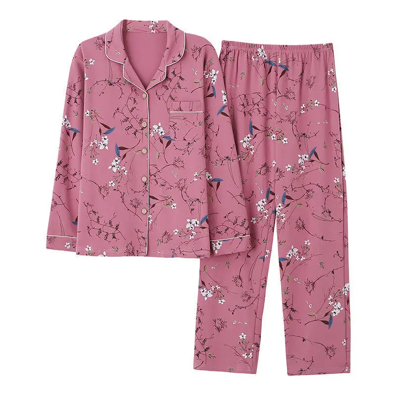 

Autumn Women's Suit Turndown Collar Sleeping Pajamas For Women Sleepwear Cotton Middle Aged Mother 2 Piece Set Pyjama Pour Femme