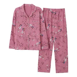 Autumn Women's Suit Turndown Collar Sleeping Pajamas For Women Sleepwear Cotton Middle Aged Mother 2 Piece Set Pyjama Pour Femme