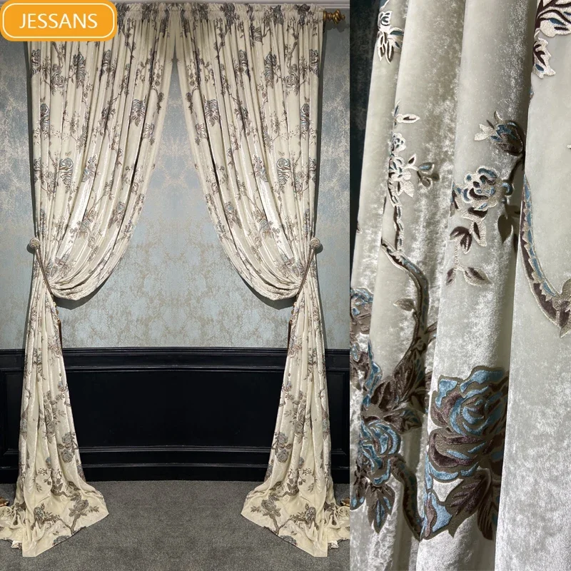 White Flowers Gilded Embroidery Velvet Thickened Blackout Curtains for Living Room Bedroom Villa French Window Customized