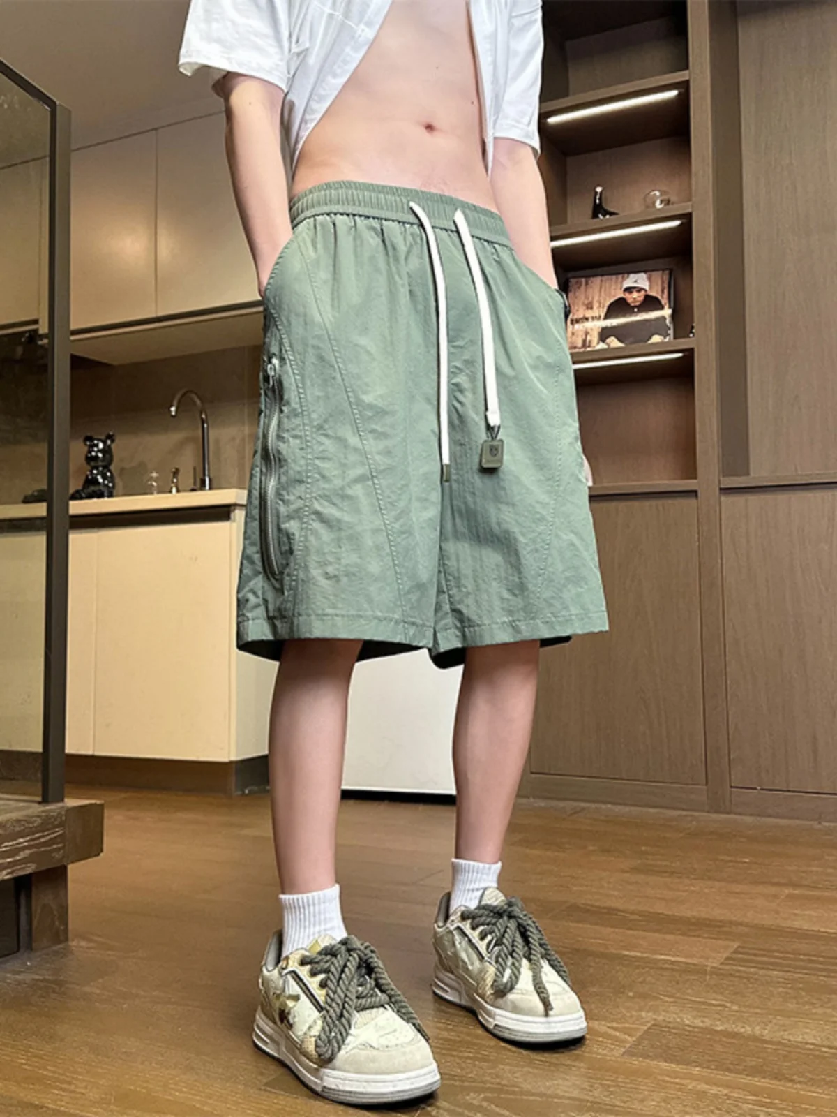 

American Sle Spor orts Men's Summer Thin Qui Dry Casual Pants Straight Loose Five-Quarter Length Big Boxer Briefs