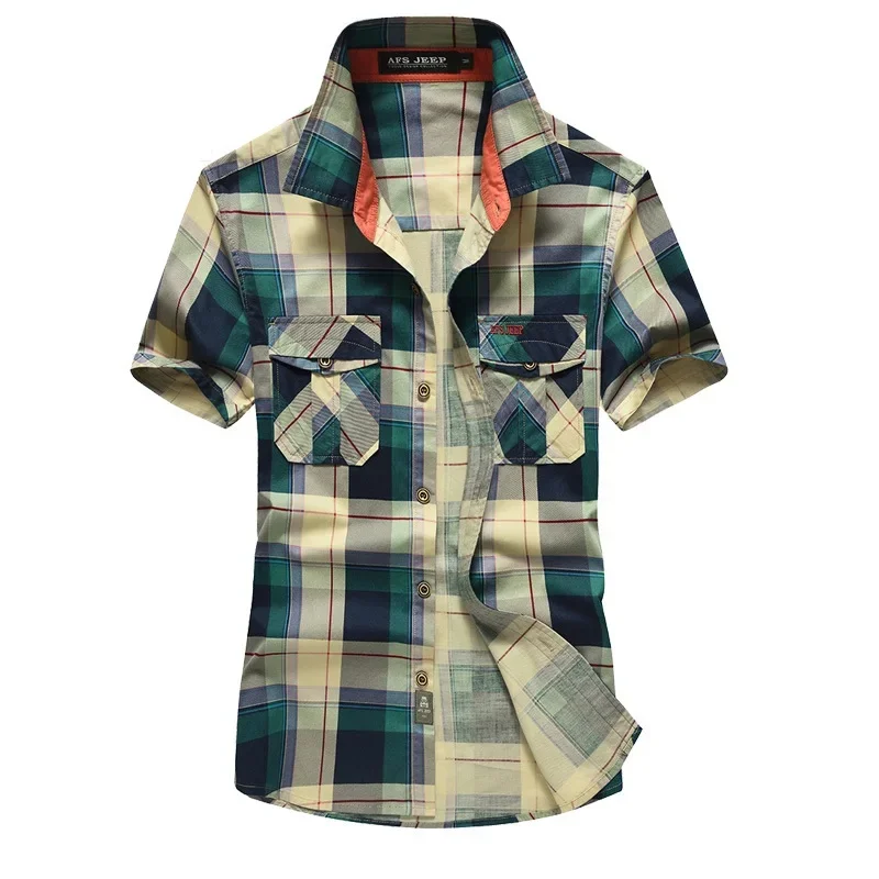 Mens Clothing 2024 Summer Casual Men\'s Shirts Short Sleeve Mens Designer Dress Red Plaid Shirt Top Male High Quality 100% Cotton