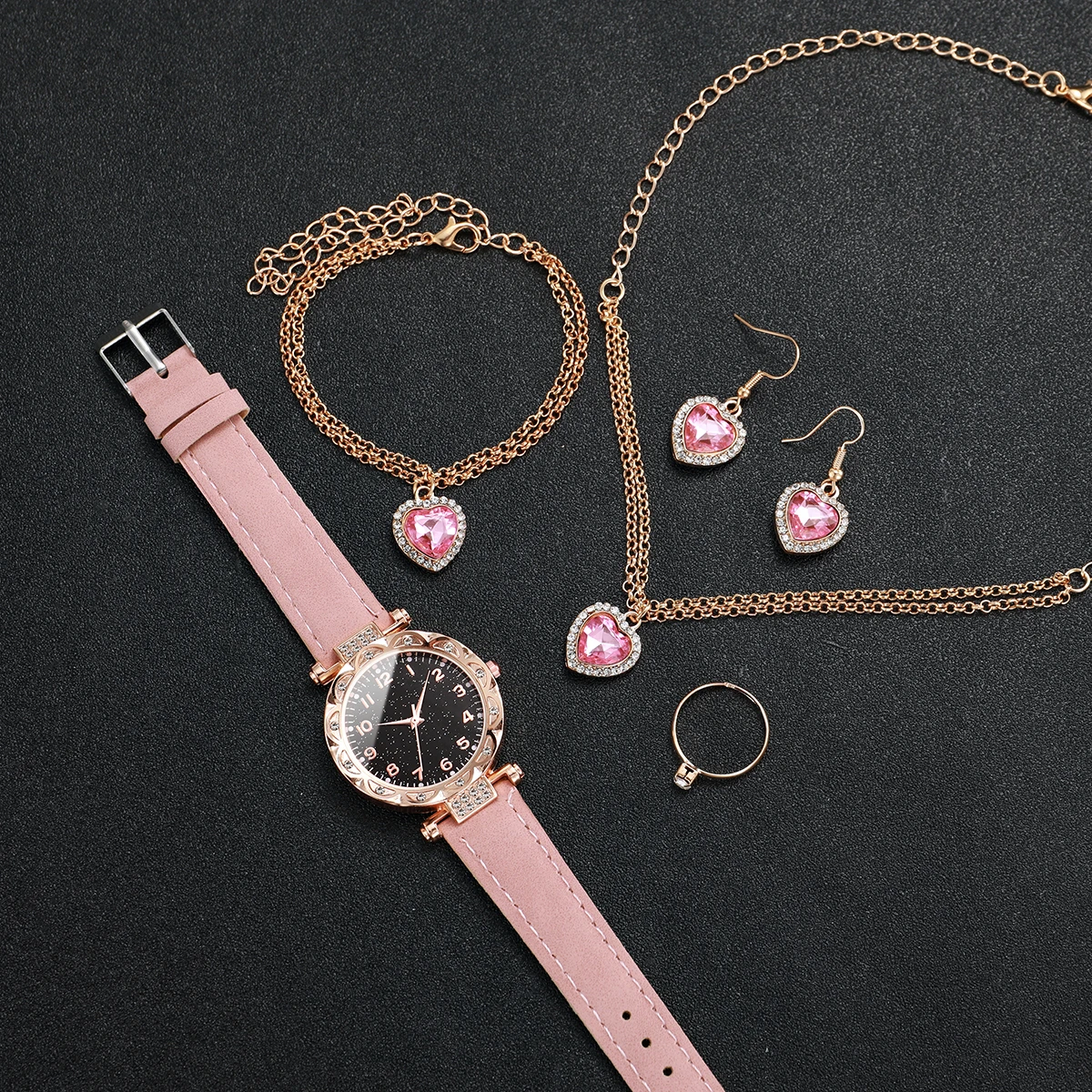 6PCS/Set Fashion Starry Sky Women Watches Leather Band Analog Quartz Watch Diamond Heart Jewelry Set