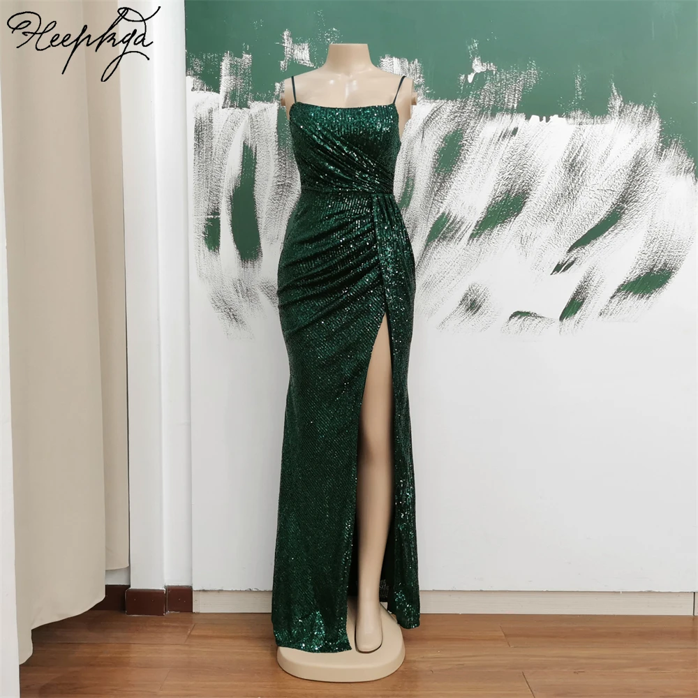 Dark Green Long 2024 Formal Evening Dress High Split Strapless Stretched Sequin Mermaid Wedding Party Gowns Dropshipping