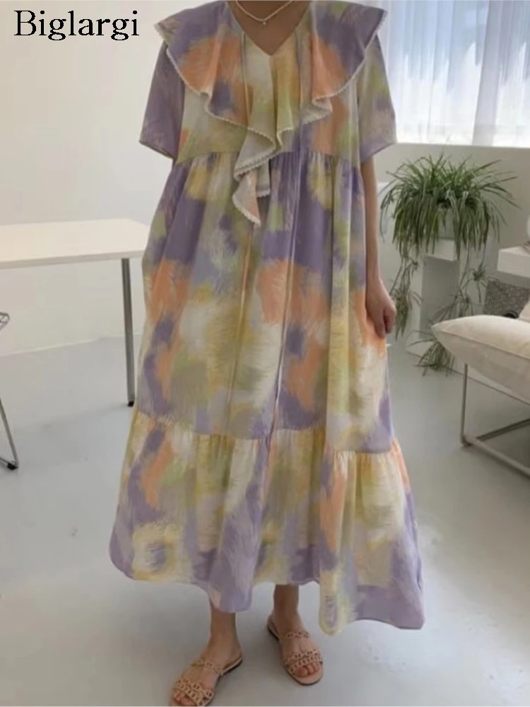 

Summer Dress Women Ruffle Pleated Patchwork Fashion Tie Dye Print Ladies Dresses Korean Style Woman A-Line Long Dress
