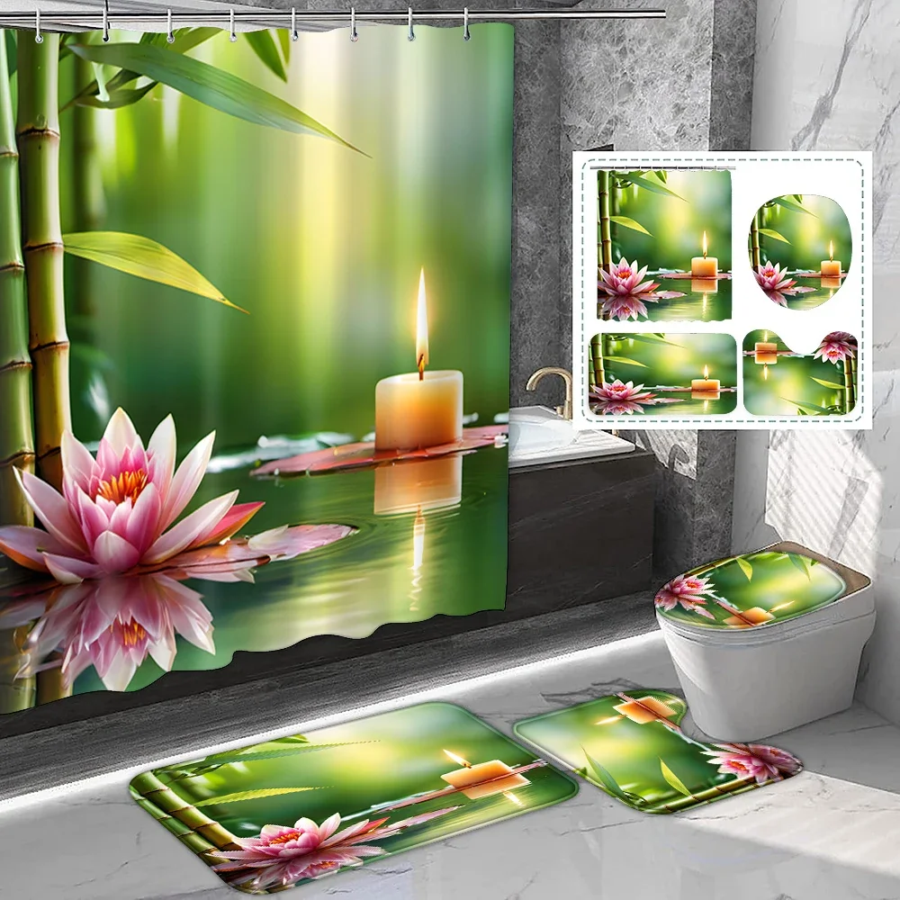 

1 set of lotus candle stone bamboo printed polyester shower curtain, SPA style, with plastic hooks and bathroom floor mat