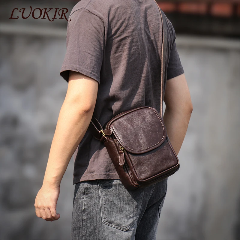 LUOKIR-Bolso cruzado de cuero auténtico para hombre, bandolera pequeña de piel de vaca, estilo Retro, informal, con personalidad, para iPad de 7,9