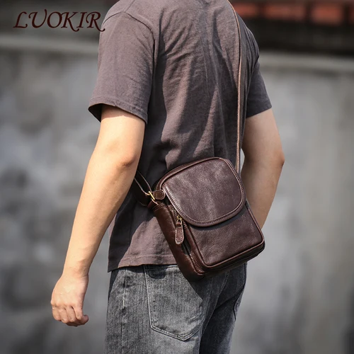 Imagen 2 del producto LUOKIR, bolso cruzado para hombre, bandolera de cuero auténtico, bolsos pequeños de piel de vaca Retro, bolso informal con personalidad para iPad de 7,9 pulgadas