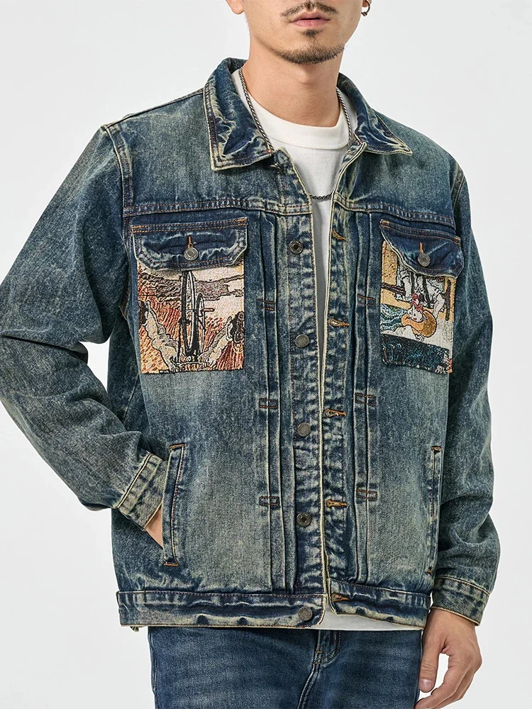 High Street American casual denim jacket men's tide brand personality printing retro loose tops