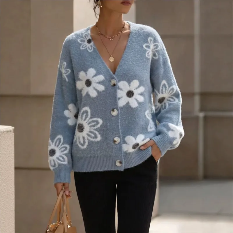 Women's Fashion Floral Short Cardigan Knitted Sweater Coats Autumn Winter Casual V-neck Pocket Sweater Coat Female Daily Sweater