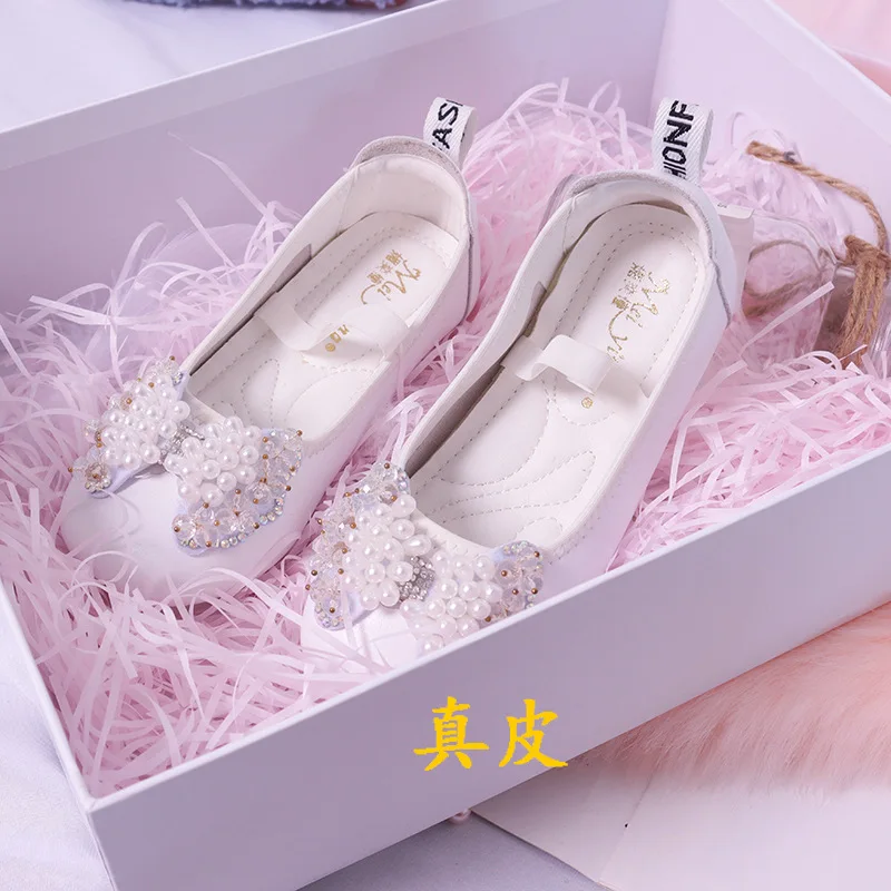 

Girls Leather Shoes 2022 New Soft-soled Genuine Leather Princess Comfortable Pearl Bowknot Kids Student Performance Peas Shoe