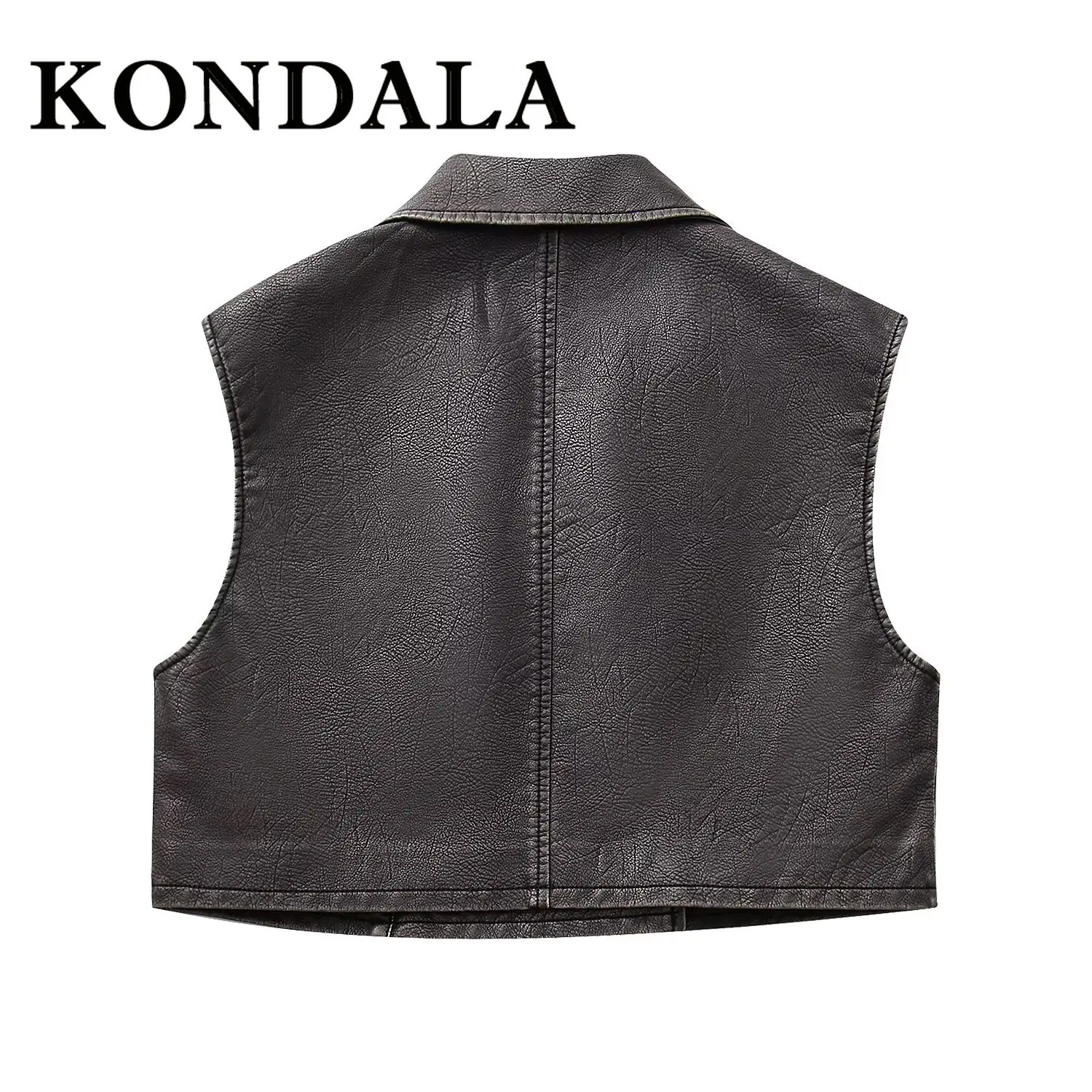 KONDALA خمر 2025 النساء الخريف الصدريات سترة جلدية أكمام سستة جيب جاكيتات الشارع الشهير الحديثة شيك فضفاض أبلى #3