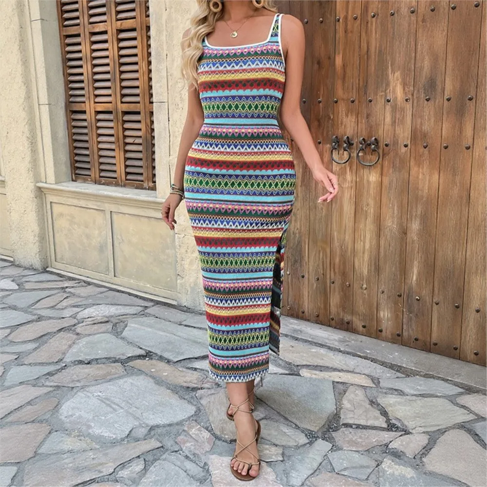 Jacquard Geometric Stripe Slit Camisole Frock Spring Autumn Women's Clothing New Casual Long Dresses Vestidos Para Mujer