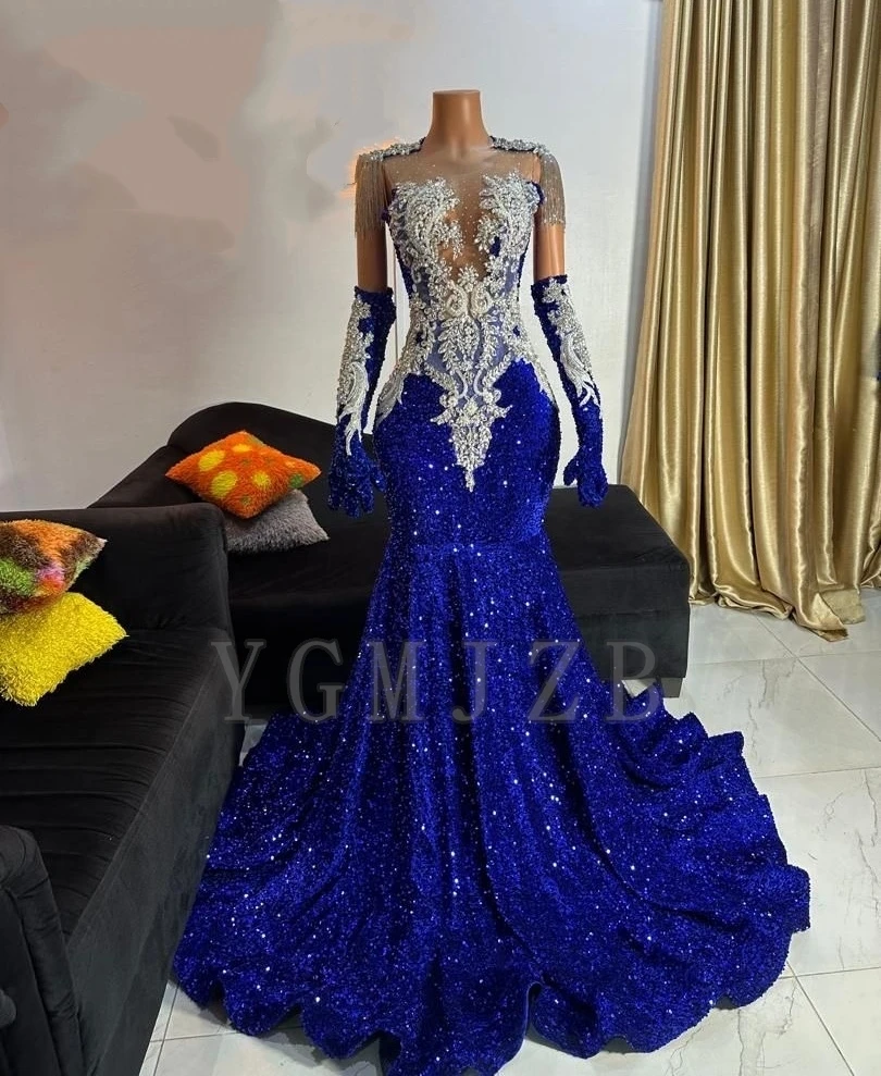 Vestidos de fiesta brillantes de color azul real, diamantes de imitación, cuentas plateadas con guantes, fiesta de cumpleaños, boda, graduación, vestidos de noche formales
