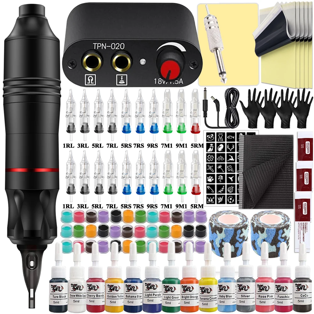 

Professional Tattoo Machine Pen Kit Complete Rotary Machine Pen Power Supply Cartridge Needles Ink for Tattoo Beginner Sets