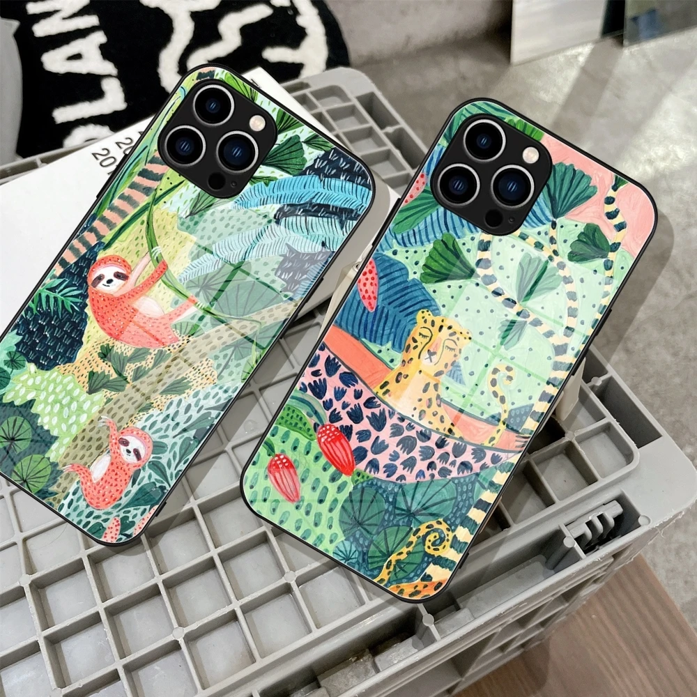 Glitte Golden Foil Leaf Animal Sloth Phone Case Tempered Glass For IPhone 17 16 15 Promax 14 13 Pro 12 11 plus phone case