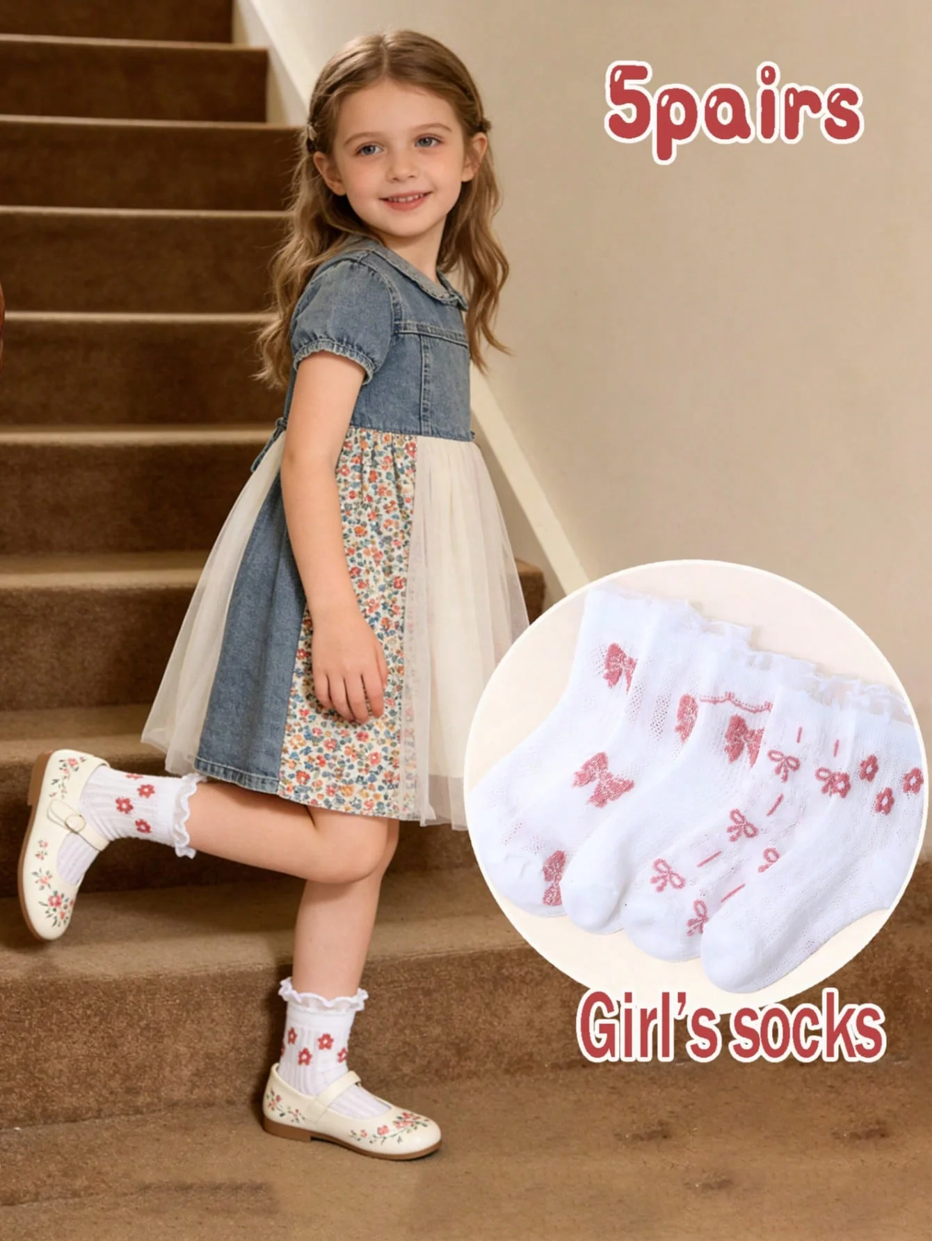 5 Pairs of Girls' Floral Bow-Knotted Jacquard Ankle Socks, Breathable Net-Sheer Lace Short Socks Suitable for Girls' Daily Life
