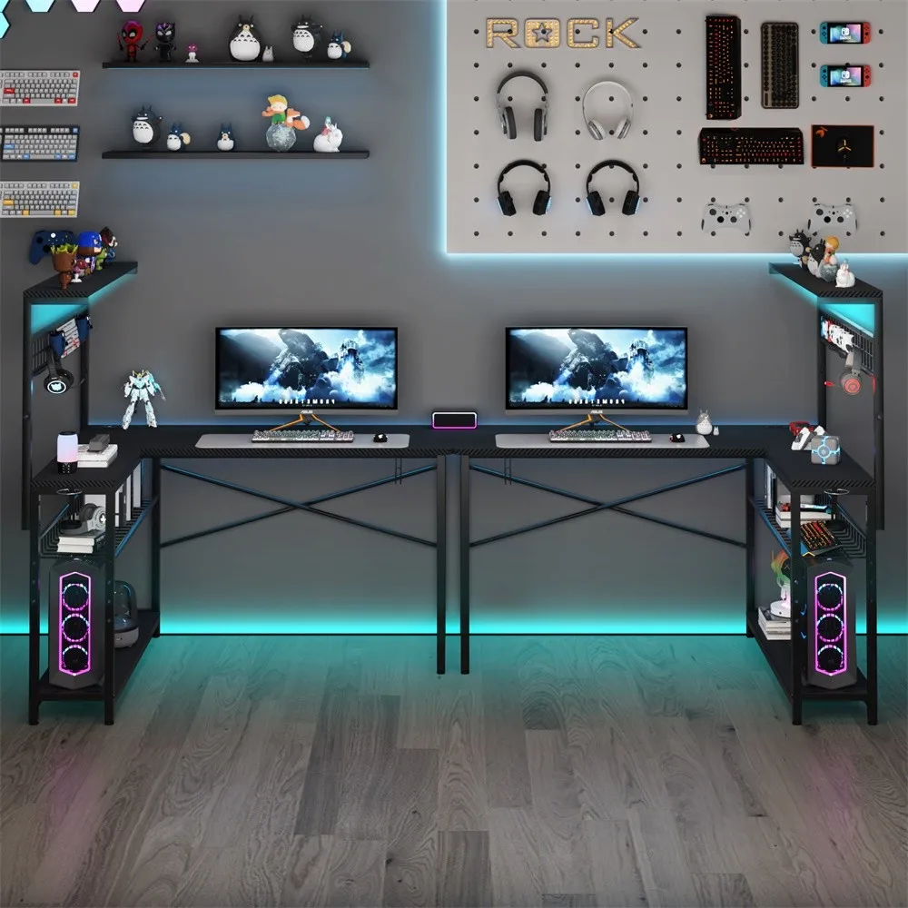 Computer desksL Shaped Gaming Desk 52 Inch Corner Computer Desk with LED Lights Power Outlets RGB Illumination Modern Design
