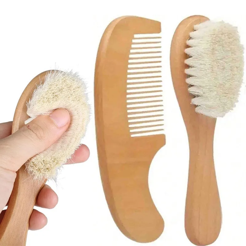 

2pcs Baby Comb Set Baby Care Hair Brush Beech Soft Wool Wood Comb Newborn Massager Baby Shower And Gift Baby Hair Soothing