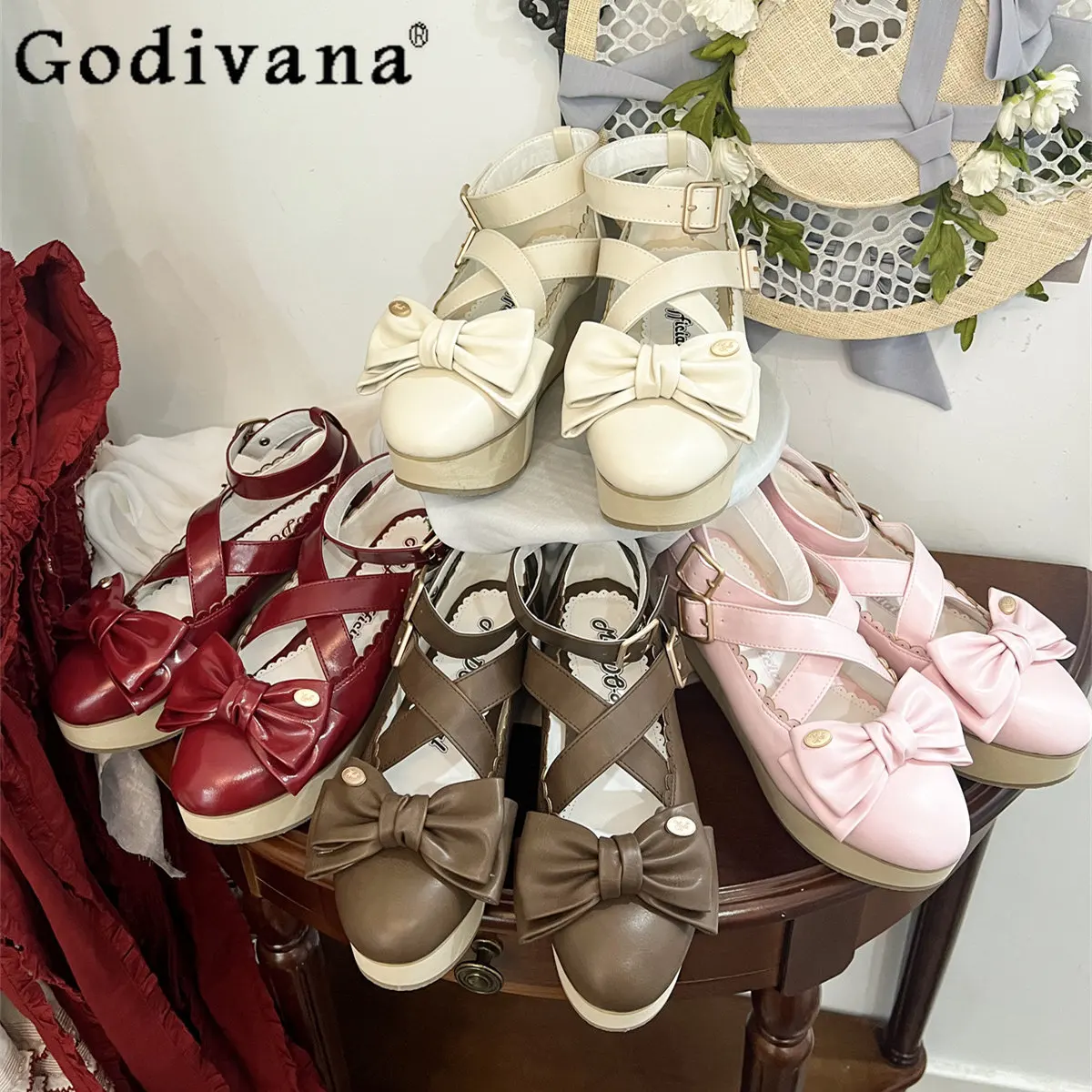 

Original Lolita Large Bow Platform Shoes Spring Summer New Sweet Girl's Tea Party Mary Jane Shoes Princess High Heels Pumps