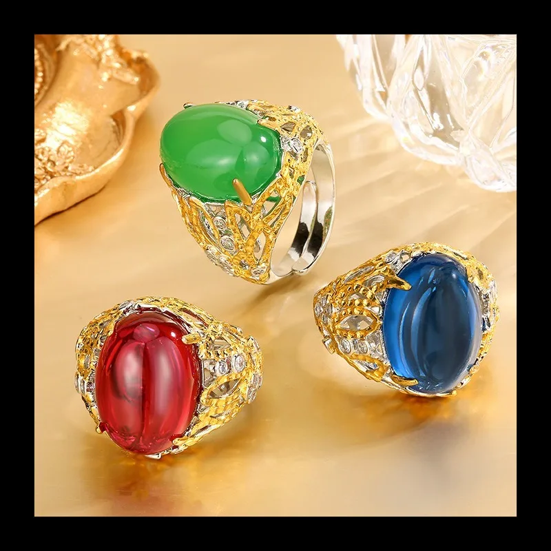 

2025 New Zhuang Shengsheng Jewelry Copper Bottom Gold-plated Simulation Plain Color Treasure Egg-shaped Hollow Ring Ston