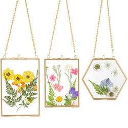 3 Packs Pressed Flowers Glass Frames- Golden Hanging Glass Picture Frames With Chain Floating DIY Artwork Display Frames