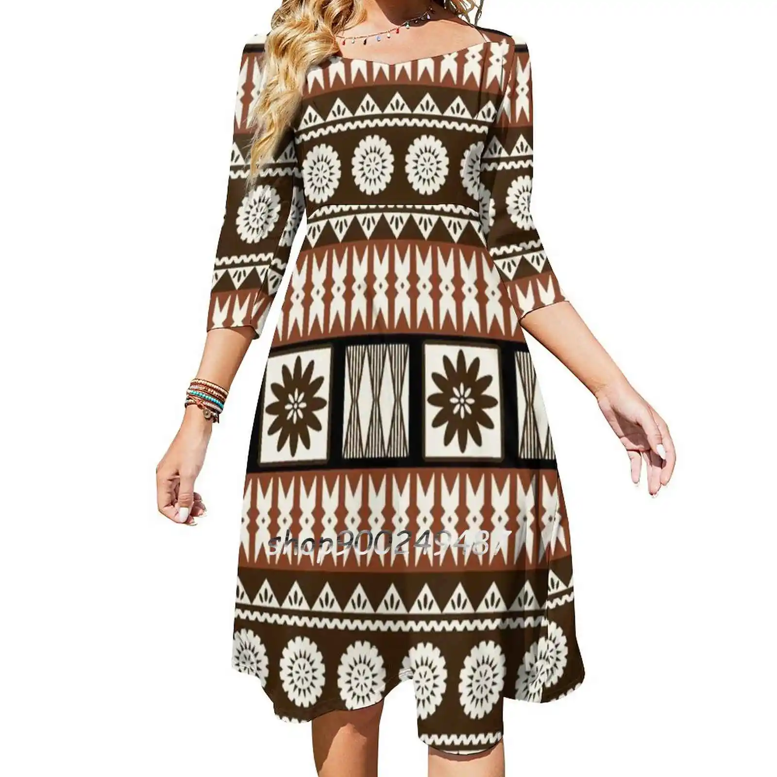 Fijian Masi-Tapa Square Neck Dress Cute Loose Print Dresses Elegant Beach Party Dress Fijian Melanesian Pasifika Pacific