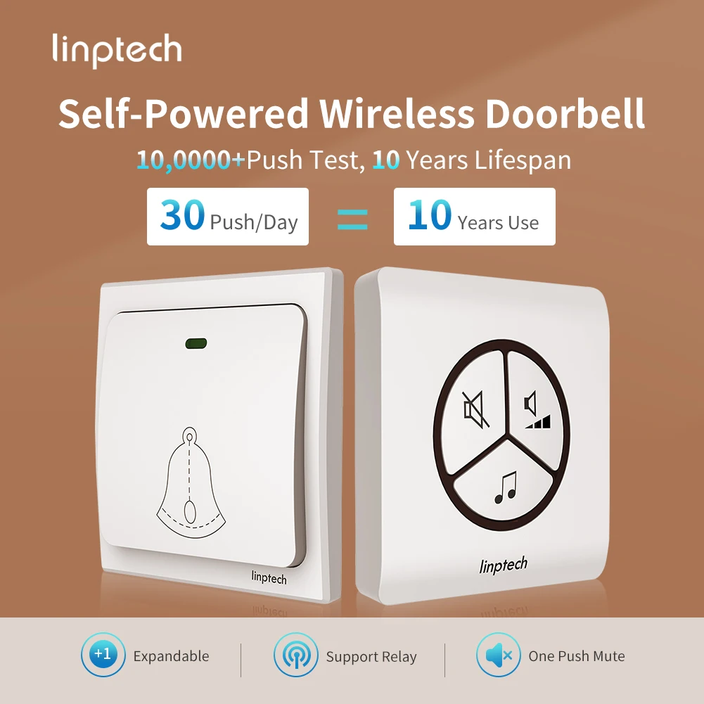 

Linptech Self-Powered Wireless Doorbell G1,IPX5 Waterproof and 105dB Loud Chime,80m Remote Range,No Battery Required