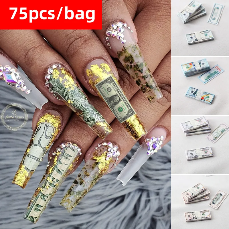 3D Money Dollar Sign Luxury Nails Paper Money Double-sided pattern Nails Acrylic Manicure Tips Salon Decoration Tool ﻿