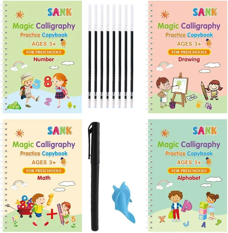 

4 Books + Pen Magic Copy Book Free Wiping Children's kids Writing Sticker Practice English Copybook For Calligraphy Montessori