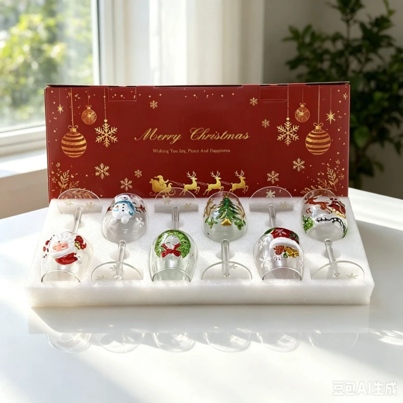 6pcs Gift Box Set Christmas 3D Stereo Relief High Footed Red Wine Glasses Holiday Decoration Glass Wine Glasses Christmas Gifts