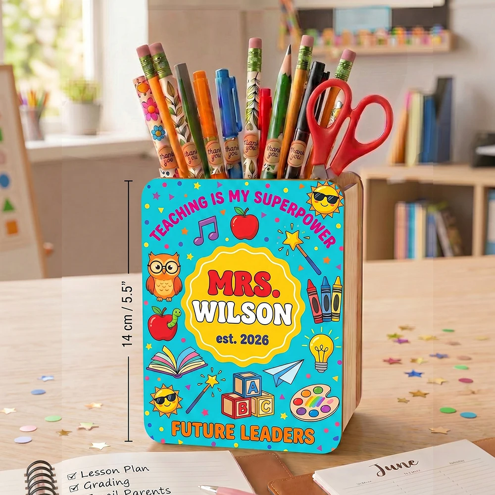 Personalized Custom Name Wooden Pencil Holder,Desktop Stationery Storage Caddy,Blue Cartoon Print,Teacher,Back‑to‑School Present
