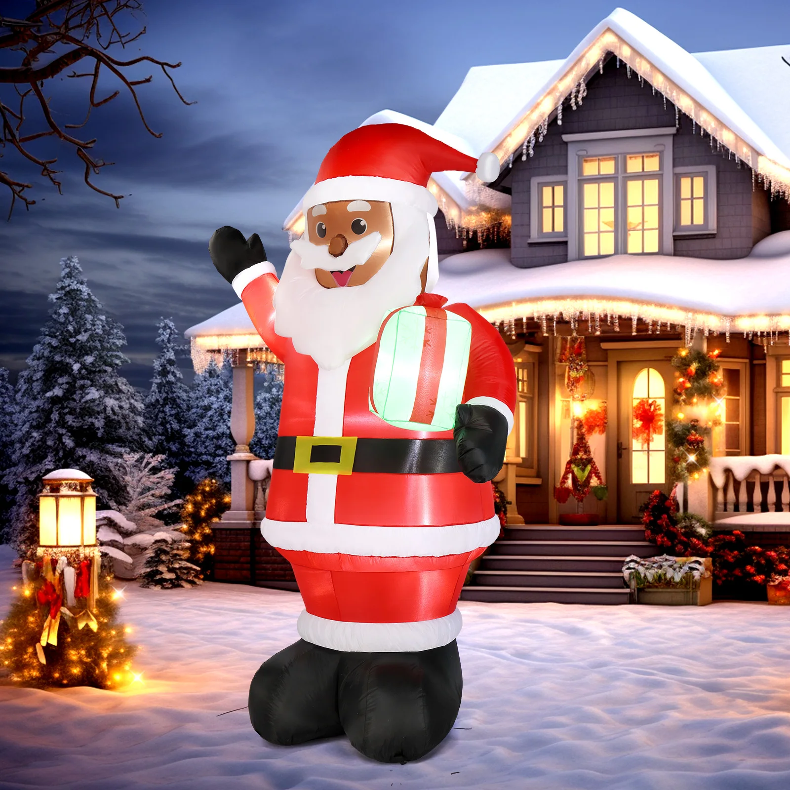 7 FT Lighted Christmas Inflatable Decoration, Inflatable Black Santa Claus Holding Gift, Funny Blow Up Yard Decorations