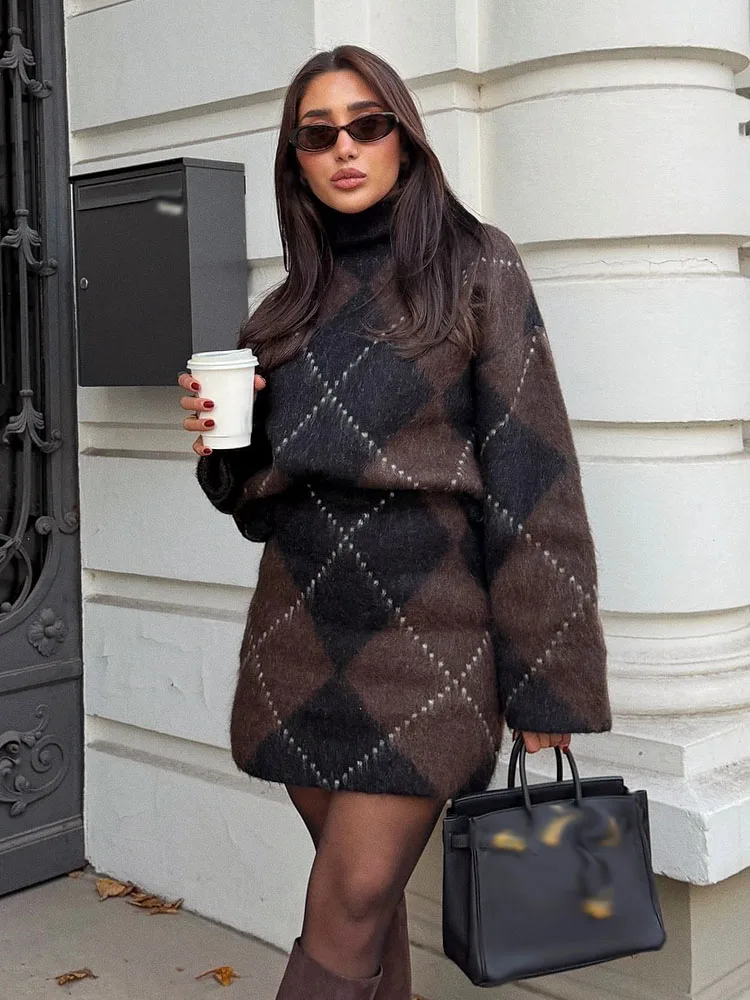 HH Women's Fashion Knitted Single Breasted Long Sleeve O-Neck Sweater+Summer Casual Elastic Waist Solid Mini Skirt Set Mujer